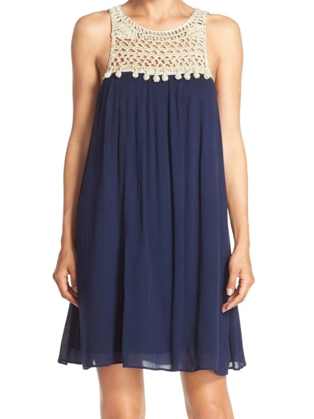LILLY PULITZER Rachelle Flowy Crinkle Gauze Dress True Navy Gold Pom Pom Dress L